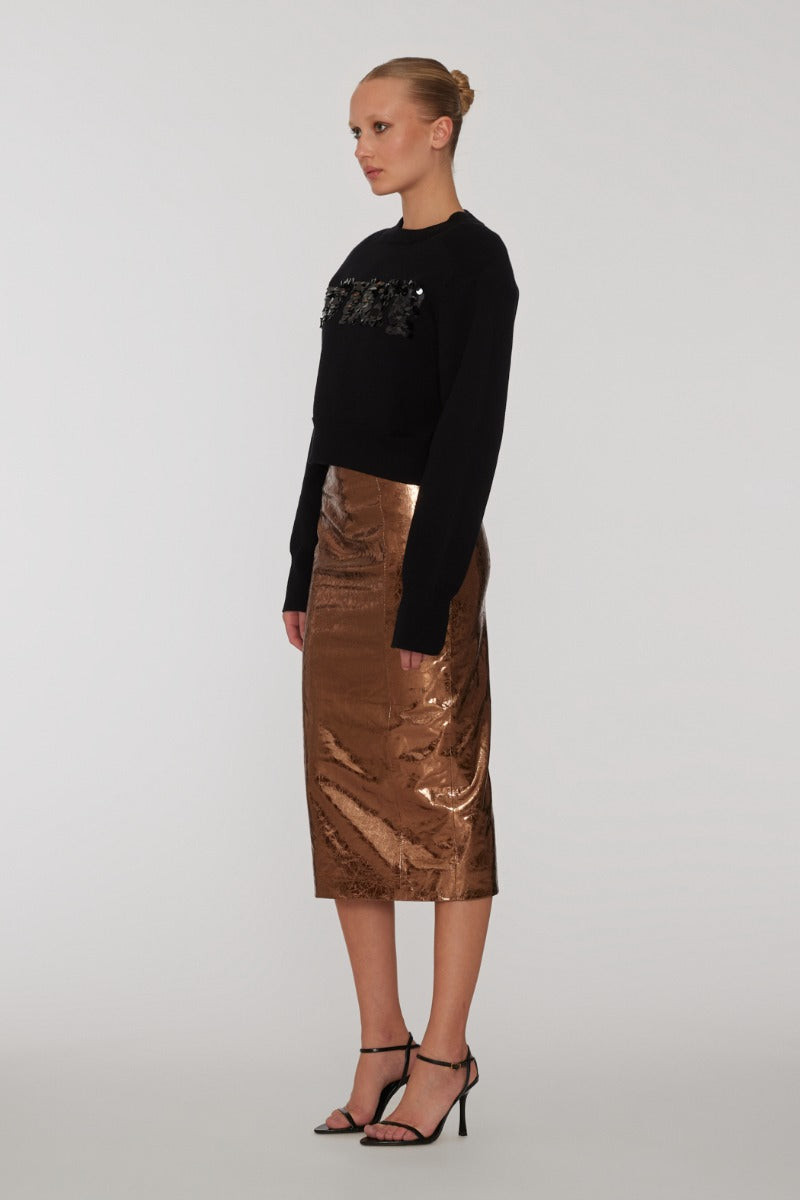 Rotate Textured Pencil Skirt Metallic Brown