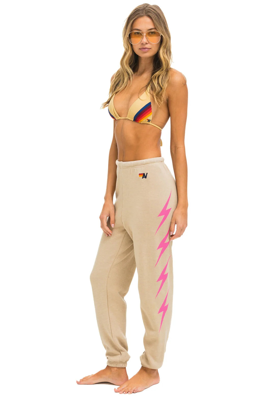 Aviator Nation Tan/Neon Pink 4 Bolt Sweatpants