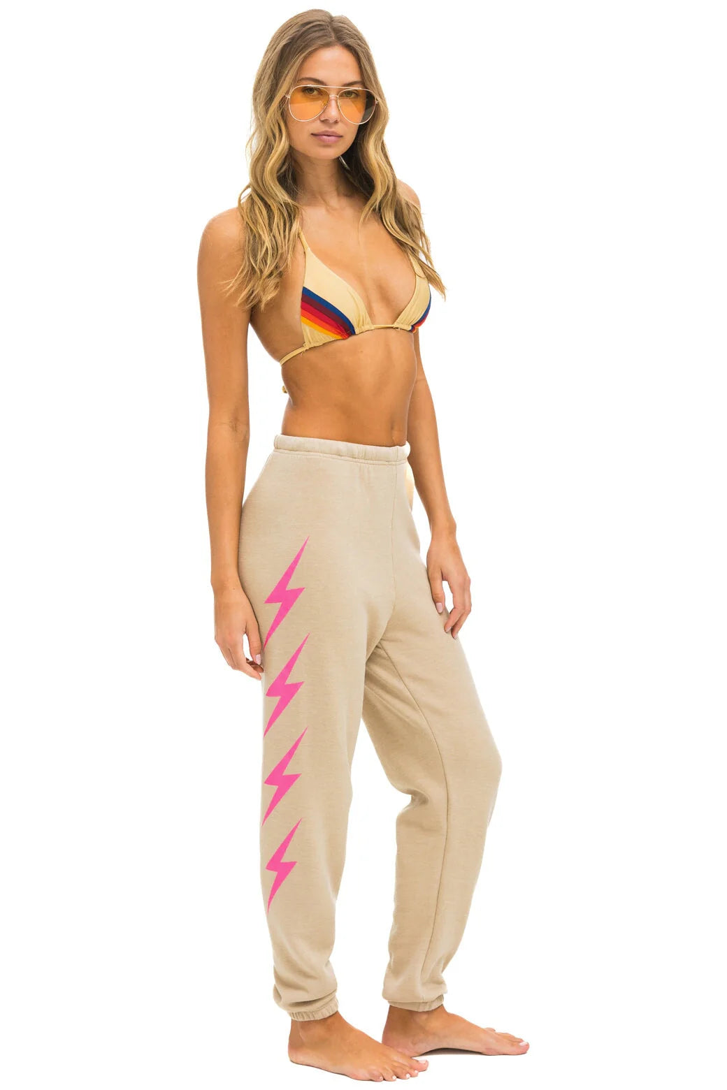 Aviator Nation Tan/Neon Pink 4 Bolt Sweatpants