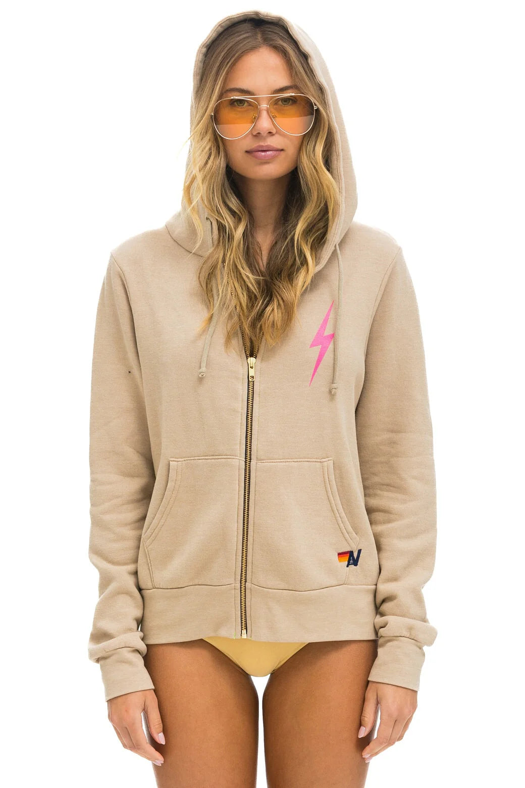 Aviator Nation Tan/Neon Pink 4 Bolt Zip Hoodie