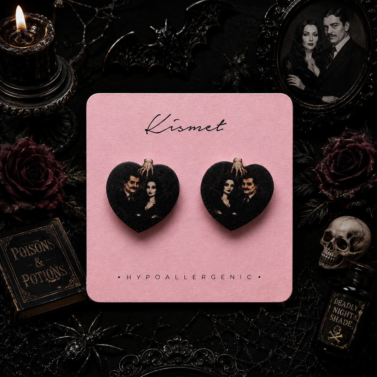 Morticia and Gomez with Thing Stud Earrings